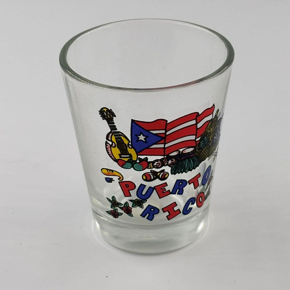 Puerto Rico Flag and Traditional Instruments Souvenir Shot Glass Clear Barware